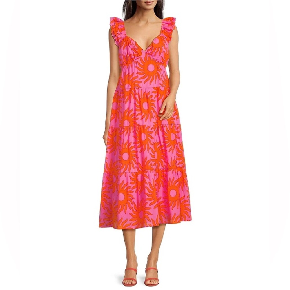 NWT J.Marie Mara Floral V-Neck Ruffle Sleeve Midi A-Line Dress Sz L - Picture 1 of 13